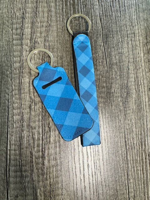 Blue Plaid Wristlet and Chapstick Holder Keychain