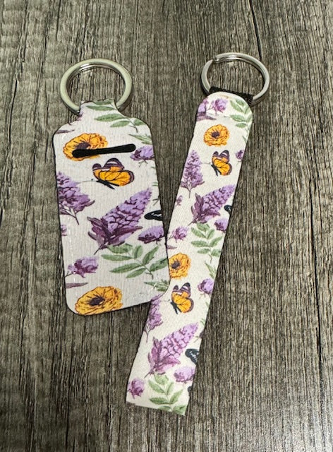 Buttlerfly and Flowers Wristlet and Chapstick Holder Keychain